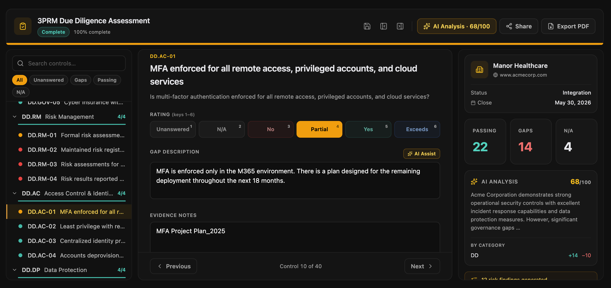 Due diligence assessment showing control-by-control evaluation with ratings, gaps, and AI scoring