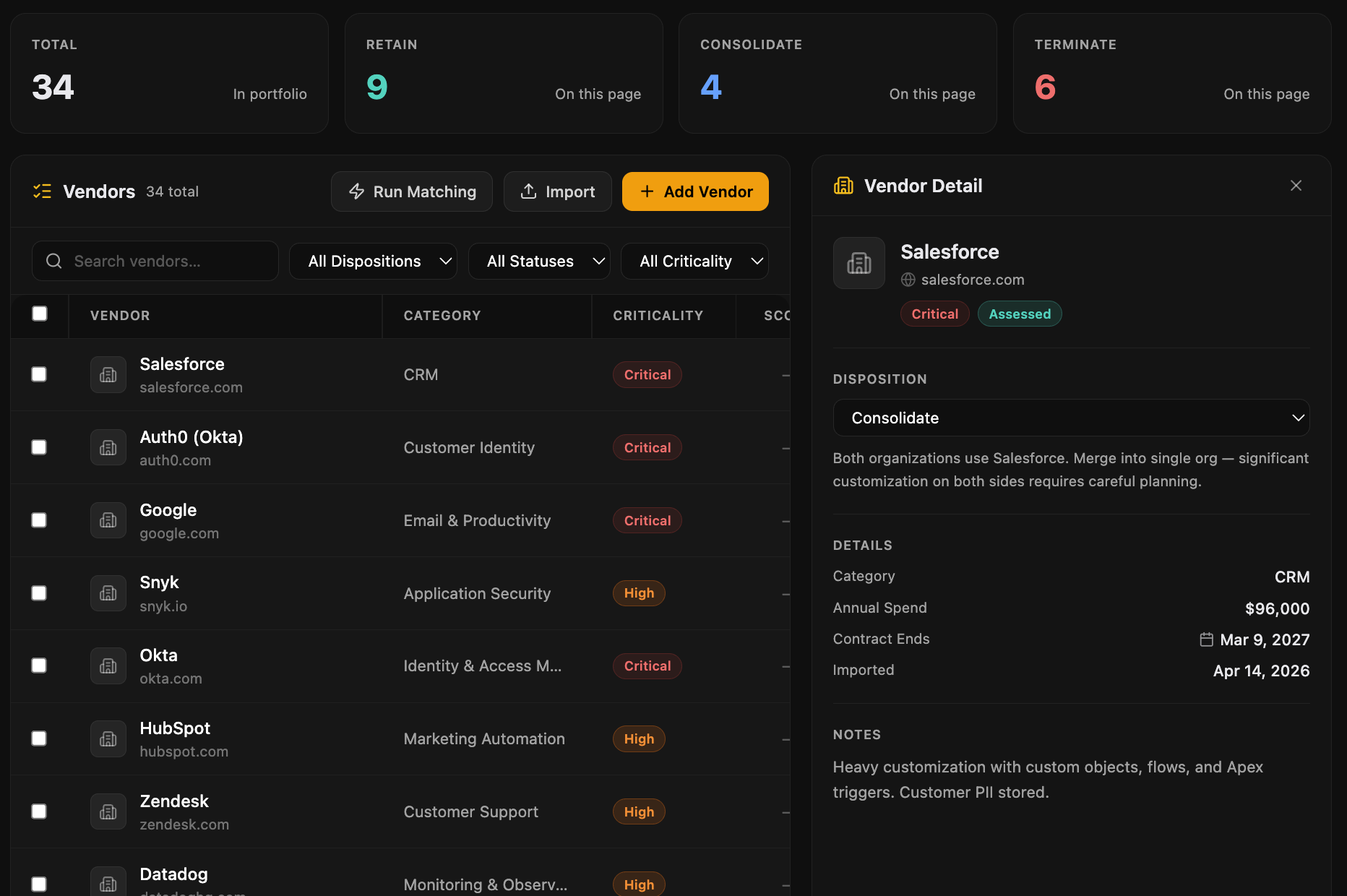 Inherited vendor list with criticality, spend, and contract terms
